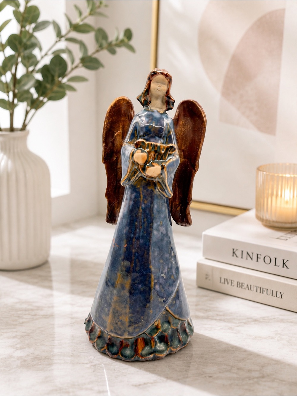 Pier 1 Reactive Glaze Stoneware Angel Figurine Blue Ceramic Decor
